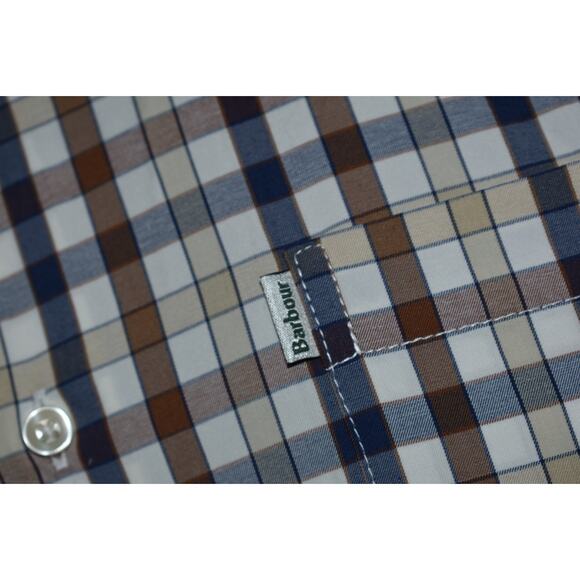 Barbour Performance Dress Shirt Mens Size Medium Stretch Blue Brown Plaid - Picture 5 of 8